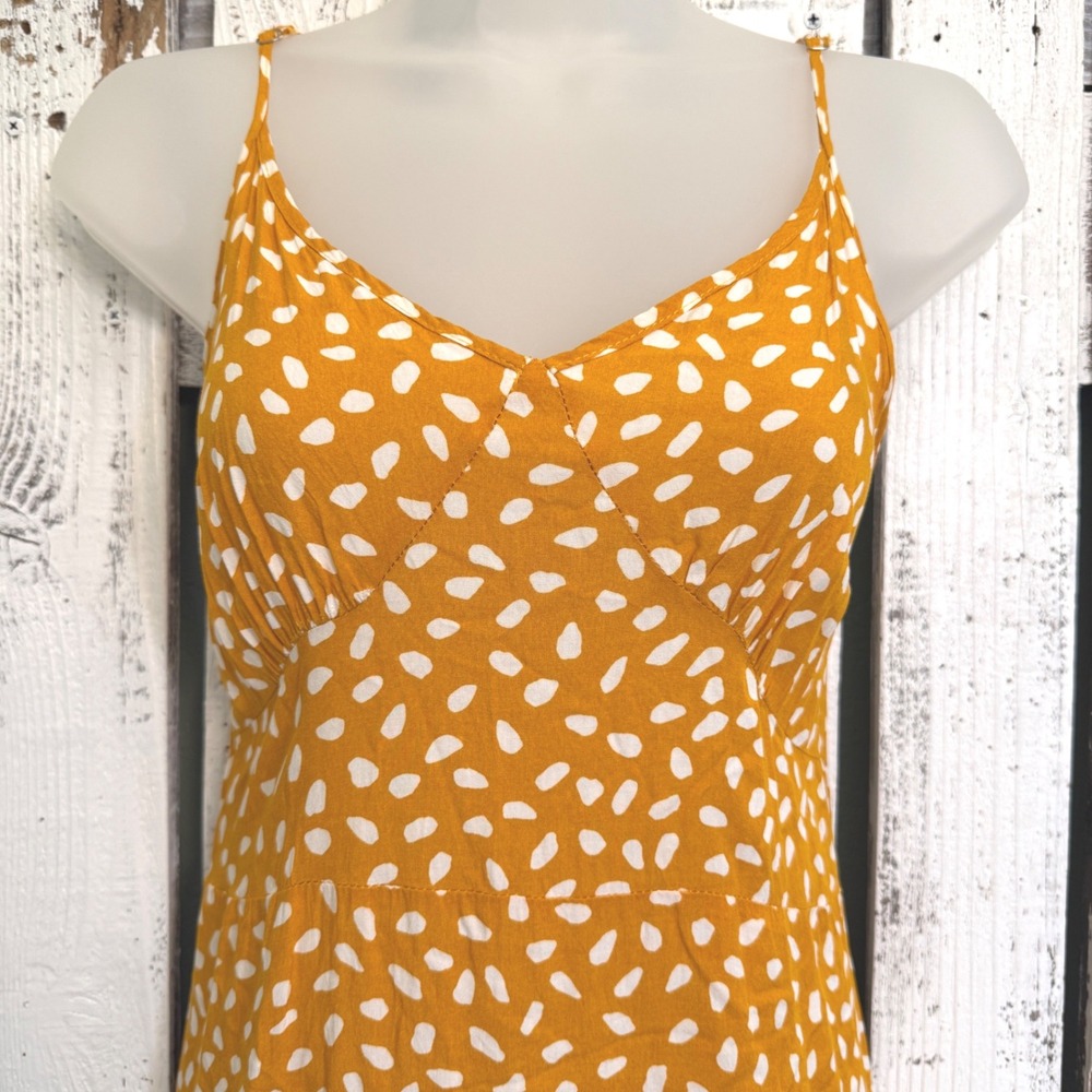 Brovave Mustard Yellow Abstract Polka Dot Midi Sundress Size L Ruffle Hem Boho - Picture 2 of 11